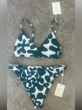 CITRINE Floral Abstract Green & White Bikini Set